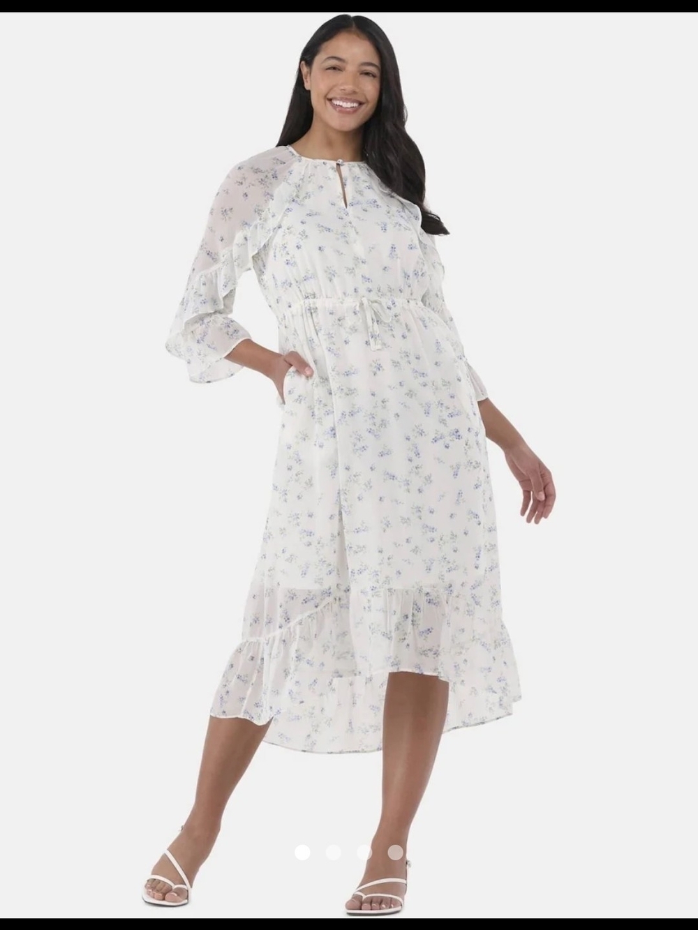 Time and Tru White Floral Ruffle Tie-Waist High-Low Midi Dress